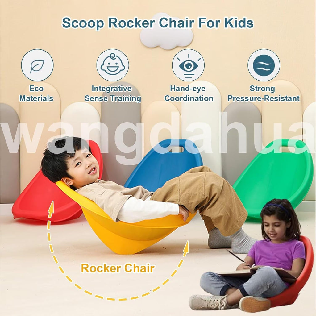 4 Packs Floor Chair with Back Support, Blue Scoop Rocker Chair for Kids, Portable Scoop Chairs for Classroom, Plastic Reading Chair Sensory Rocking Chair, Flexible Seating for Classroom