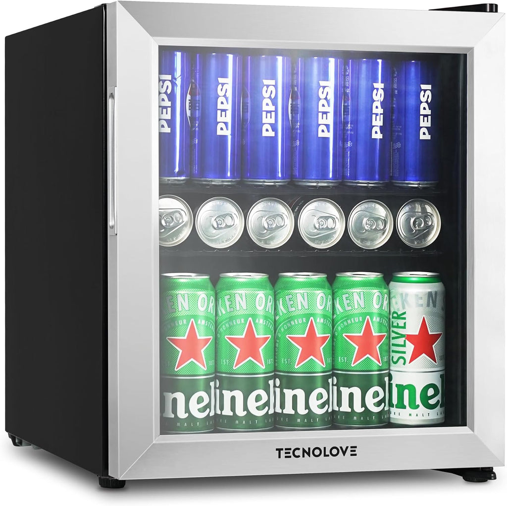 Beverage Refrigerator, 1.6 Cu.Ft Mini Fridge, Stainless Steel, LED Digital Temp Control, Double Glass Door, Adjustable & Removable Shelves, Compact Design for Home & Office
