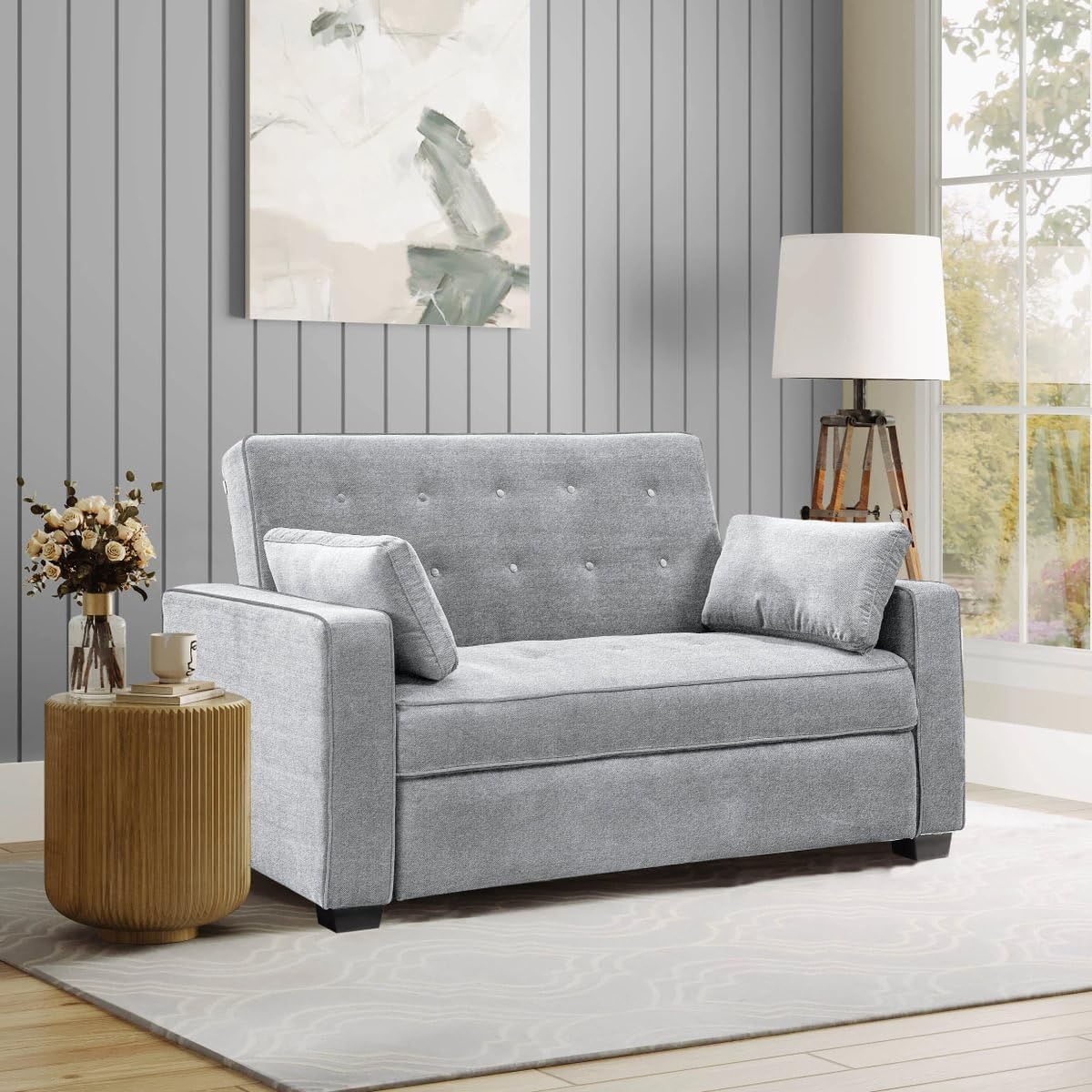 Serta Ainsley 72.6' Convertible Sleeper Sofa, Queen Size, Dreamcoil Comfort, Soft Woven Fabric, Light Grey