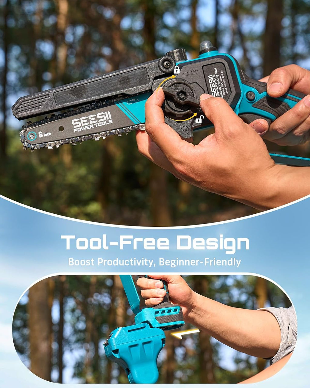 SEESII 4-in-1 Pole Saw & Pruning Shears Combo Kit, 6 Inch Mini Chainsaw for Tree Trimming, Battery Powered Chain Saw with Extension Pole, Limb Branch Cutter Pruner with 2 x 4000mAh Batteries