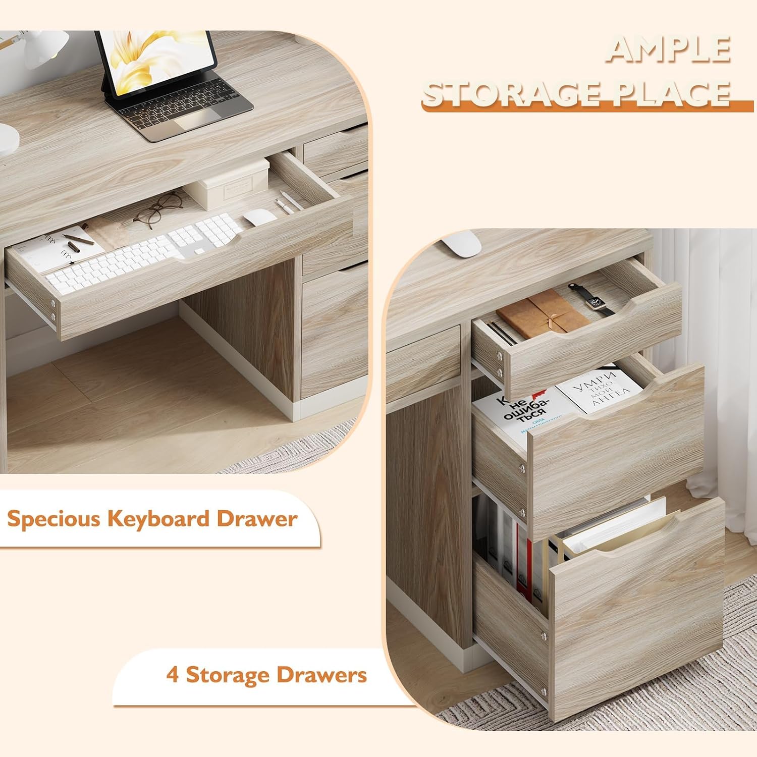 MaverickFurni 48 Inch Small Desk with Drawers, Computer Desk with Storage File Drawer for Bedroom, Office Desk with Storage for Small Space, Light Walnut