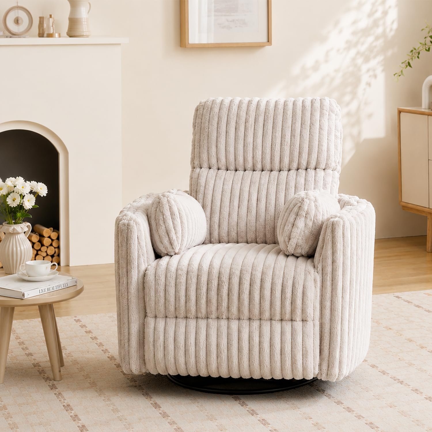 Power Nursery Rocking Chair Swivel Glider Reclining Chair with 2 Pillows, Nursery Glider Rocking Recliner with Type-C & USB Charger Port, Corduroy Upholstery Armchair for Living Room/ Off-White
