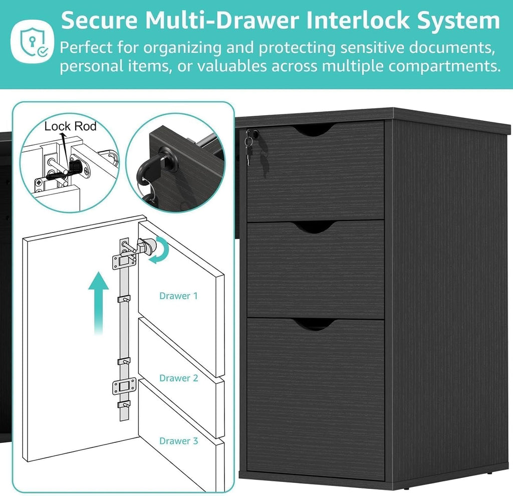 WINAZ Black L Shaped Office Desk with Lockable Drawers, 66 Inch Wood Executive L-Shaped Computer Desk with File Cabinet Storage & Power Outlet, Modern Large Corner Desks with Filing Cabinets