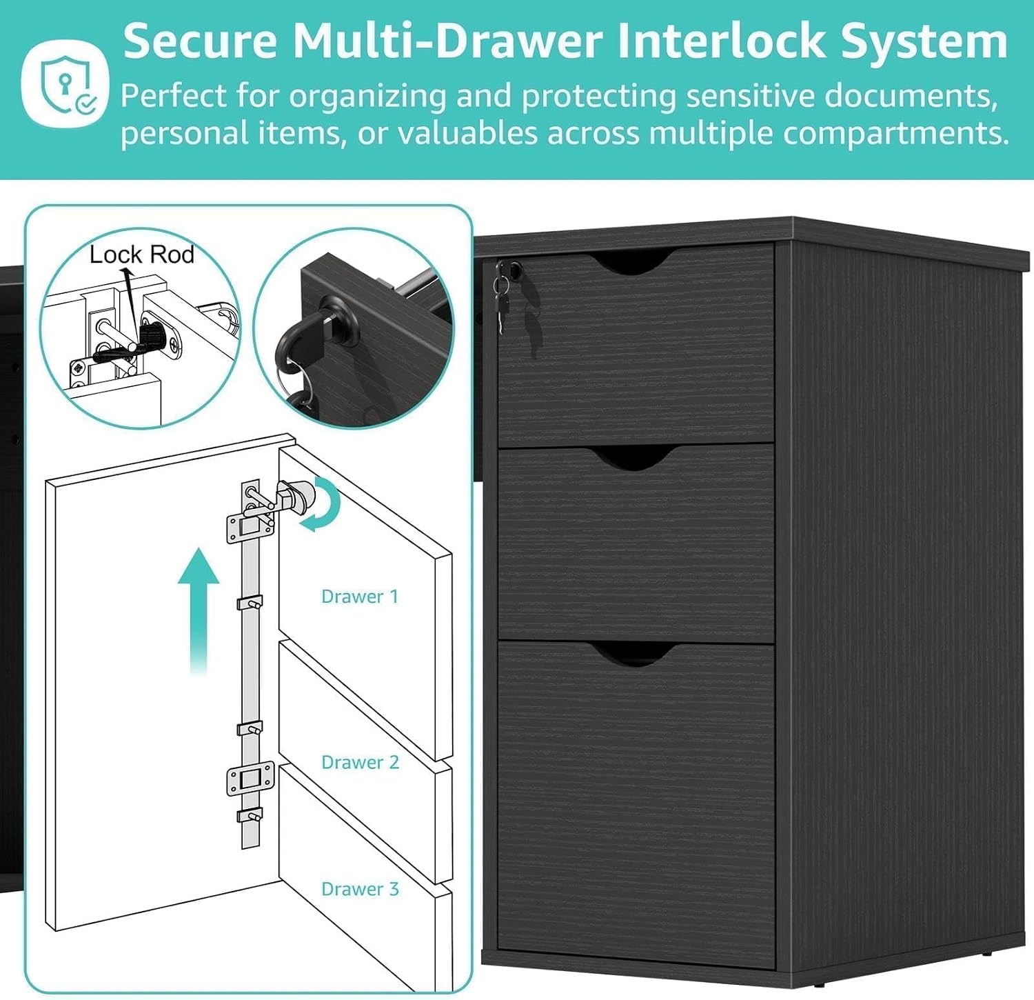 WINAZ Black L Shaped Office Desk with Lockable Drawers, 66 Inch Wood Executive L-Shaped Computer Desk with File Cabinet Storage & Power Outlet, Modern Large Corner Desks with Filing Cabinets