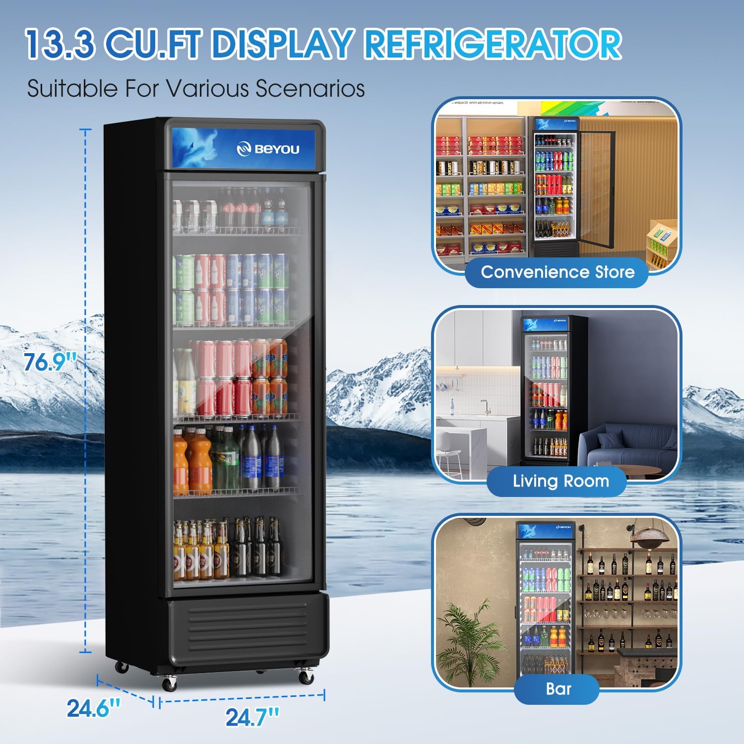 BEYOU Display Merchandiser Refrigerator, 13.3 cu. Ft Commercial Upright Beverage Fridge with single Glass Door, Drink Cooler for Living Room,Bar,Garage（Black）