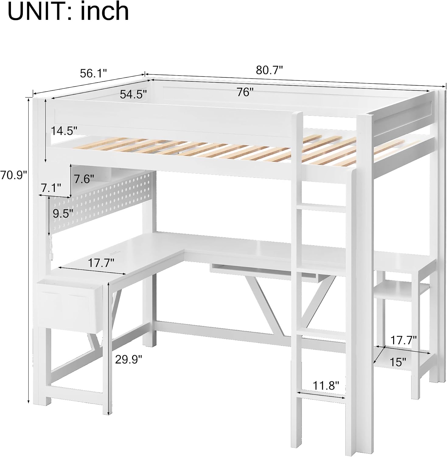 Merax Full Size Gaming Loft Bed with L Shape Desk, Storage Shelves, Sturdy Wood Loft Bunk Bed Frame with Charging Station and Lights, No Box Spring Needed, Space-Saving, Noise Free, White