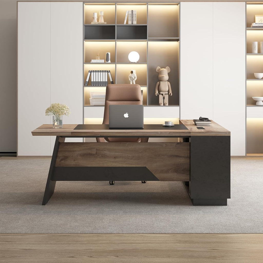 L Shape Executive Desk, Large Office Desk with Drawers & Shelves, 78.74 Inches Industrial Wooden Desk with Storage, Modern Computer Desk for Home Office, Black and Brown, Right Side