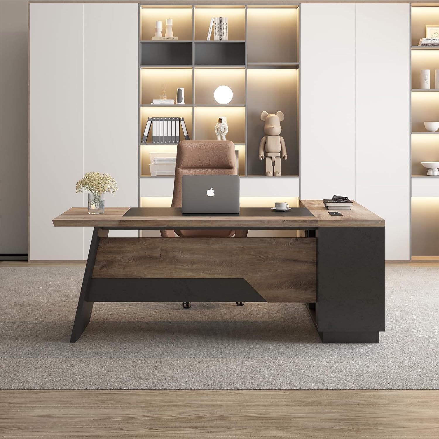 L Shape Executive Desk, Large Office Desk with Drawers & Shelves, 78.74 Inches Industrial Wooden Desk with Storage, Modern Computer Desk for Home Office, Black and Brown, Right Side