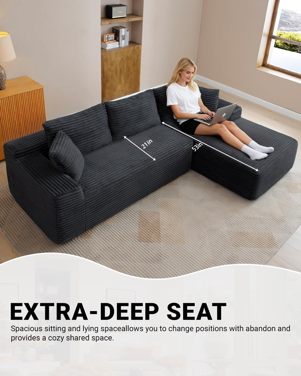 108' Cloud Sectional Couch,Modern Modular Sectional Sofa with Deep Seat,Corduroy Boneless Couches with L-Shape Chaise for Living Room,No Assembly Required (Black, Right Facing Chaise)