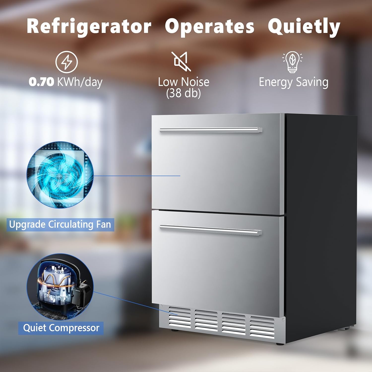 COWSAR Under Counter Double Drawer Refrigerator, 24 Inch Weather Proof Outdoor Beverage Fridge, Built-in Stainless Steel Beverage Cooler, 145 Cans for Kitchen & Commercial, Silver