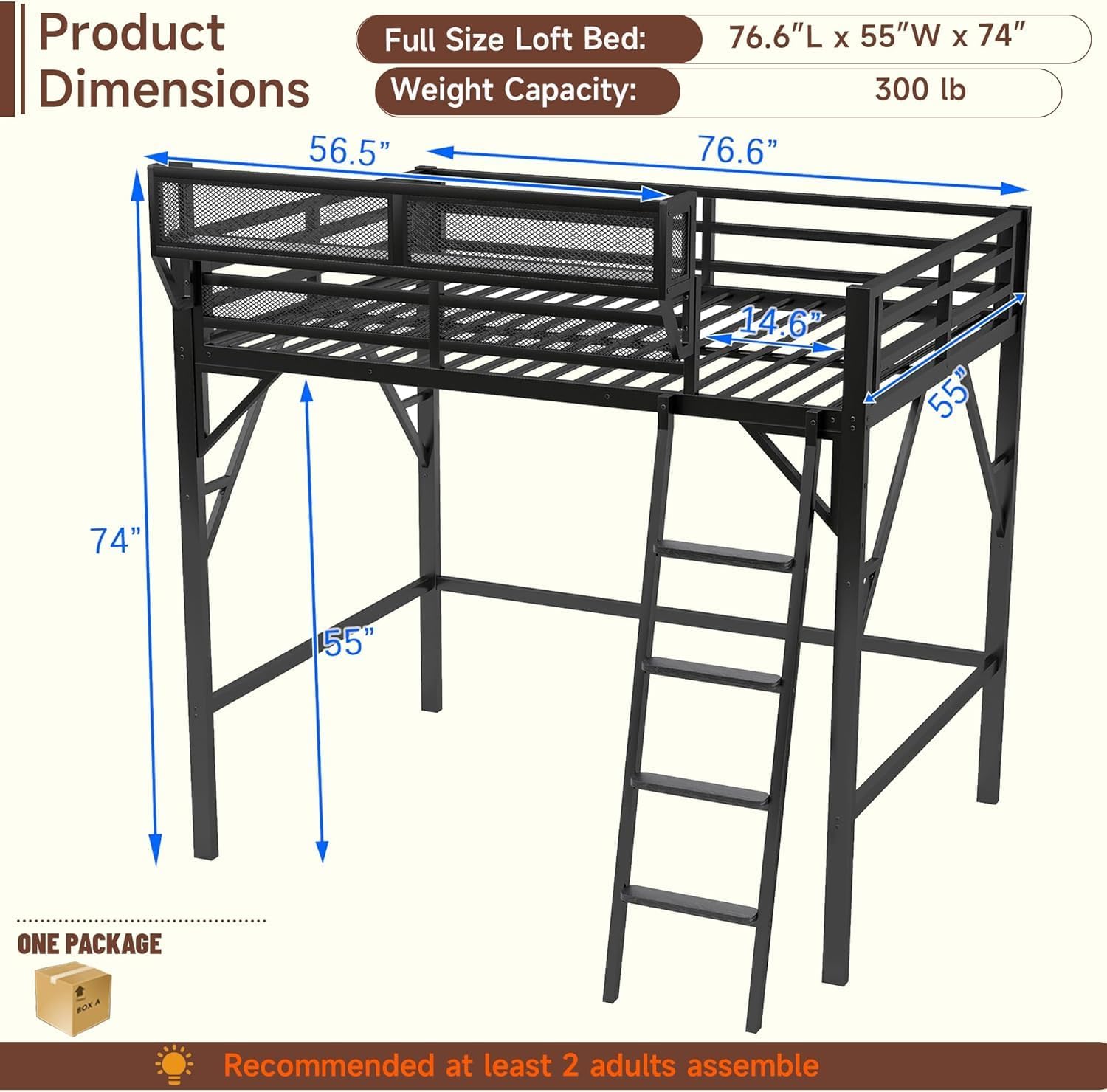 Mirightone Full Size Loft Bed with Storage, Metal Loft Beds with Upper Shelf, High Loft Bed Frame with Ladder, Lofted Full Bed for Kids and Teens, No Box Spring Needed (Black)