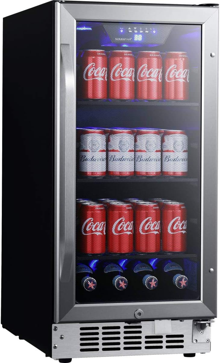 EdgeStar CBR902SG 15 Inch Wide 80 Can Built-In Beverage Cooler with Blue LED Lighting