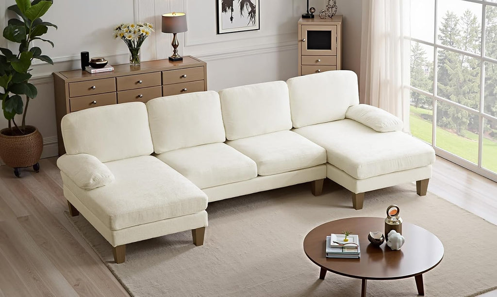 VINGLI 110' Sectional Couches for Living Room,U Shaped Couch with Double Chaise, 4-Seat Sofa Set with Chenille Fabric for Home Furniture,Beige