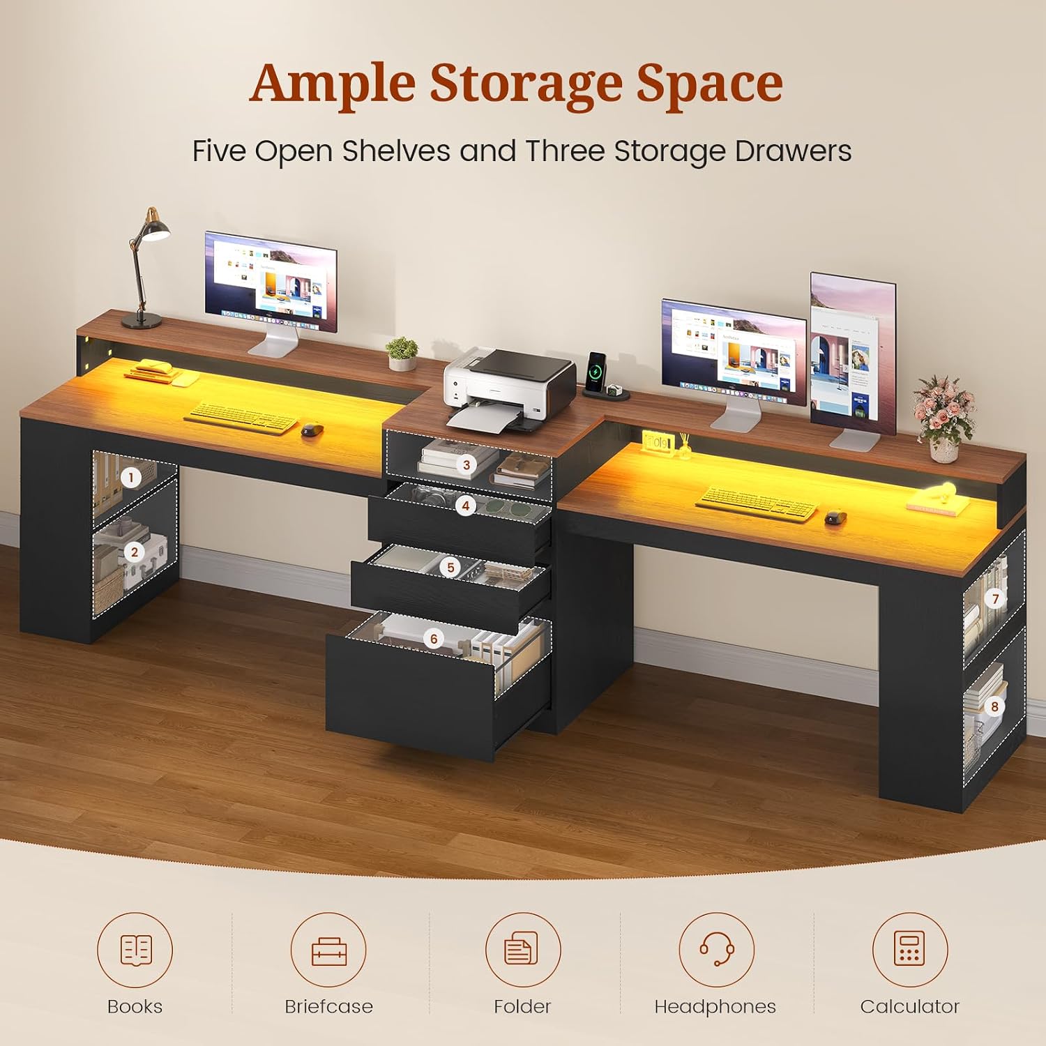 96.6' Long Computer Desk, 2 Person Desk with LED Lights & Power Outlet, Modern Two Person Gaming Desk with File Drawers, Monitor Stand, Printer Shelf ＆ Storage, Double Table for Home Office Black