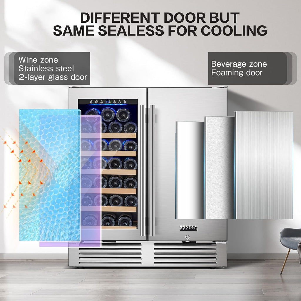 BODEGA 30 Inch Wine and Beverage Refrigerator Free Standing. Dual Zone Stainless Steel Wine Fridge under Counter, Drink Cooler for Beer, Soda, Champagne, Holds 110 Cans and 31 Bottles, Silver