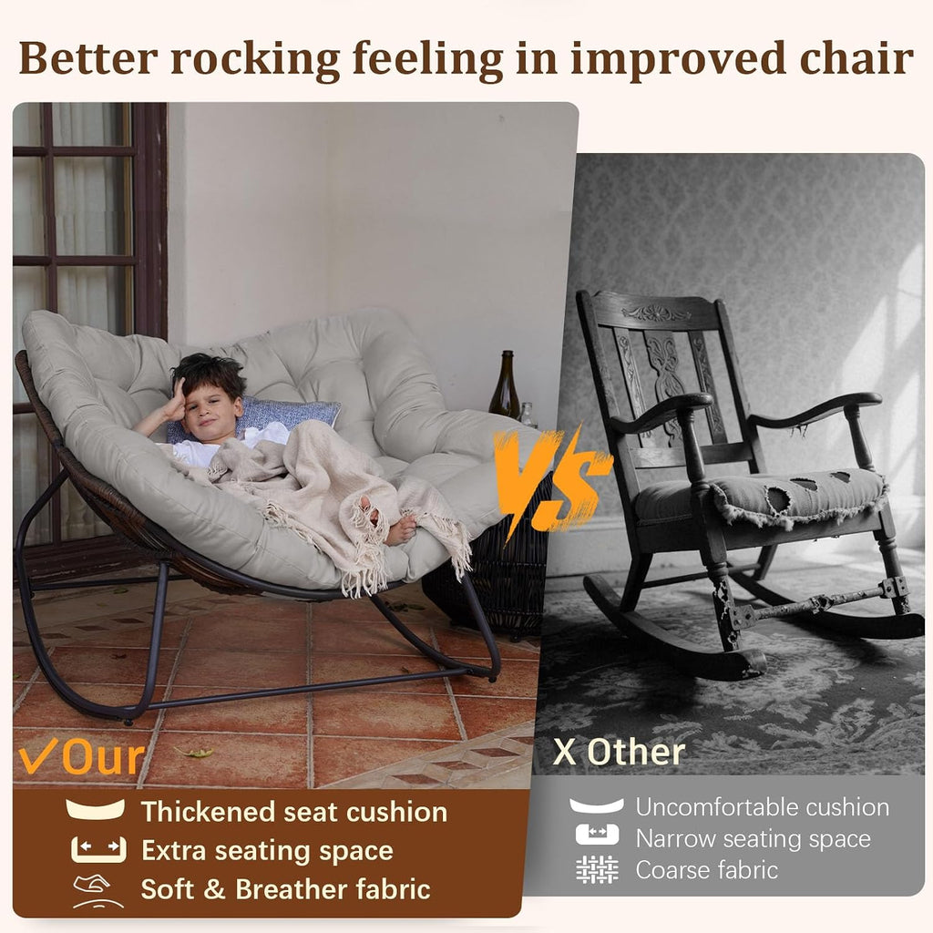 Rocking Papasan Chair, Oversized Outdoor Rocking Chair Rattan Rocking Chair with Deep Seat Thick Cushion, Patio Rocking Chair for Indoor/Porch/Garden (Light Grey & Black), Spring, 2026