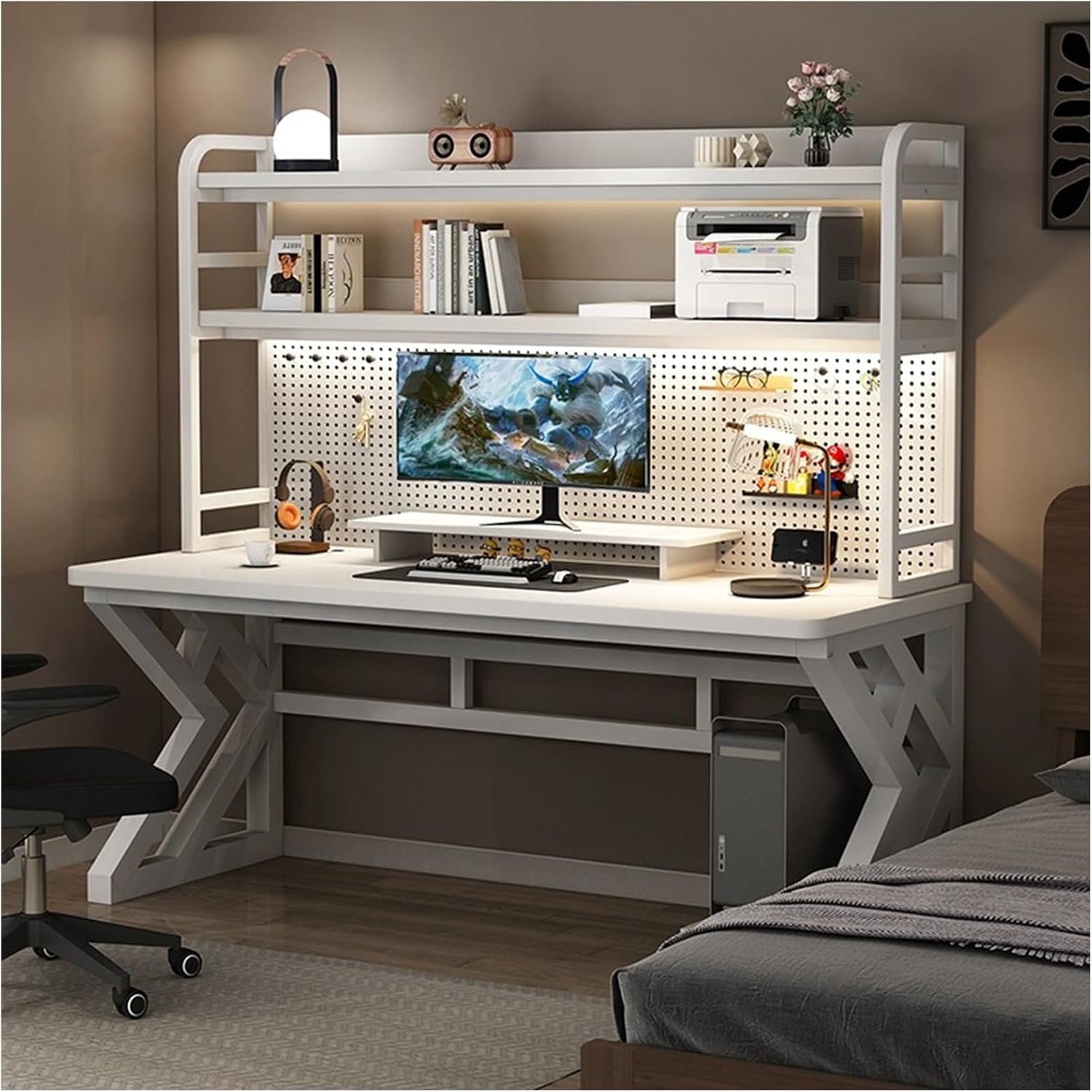 39.4in Computer Desk with Pegboard, Gaming Desk with Storage Shelves, PC Gamer Workstation Desk, Modern Study Writing Table for Home Office Bedroom (White, 39.4in/100cm)