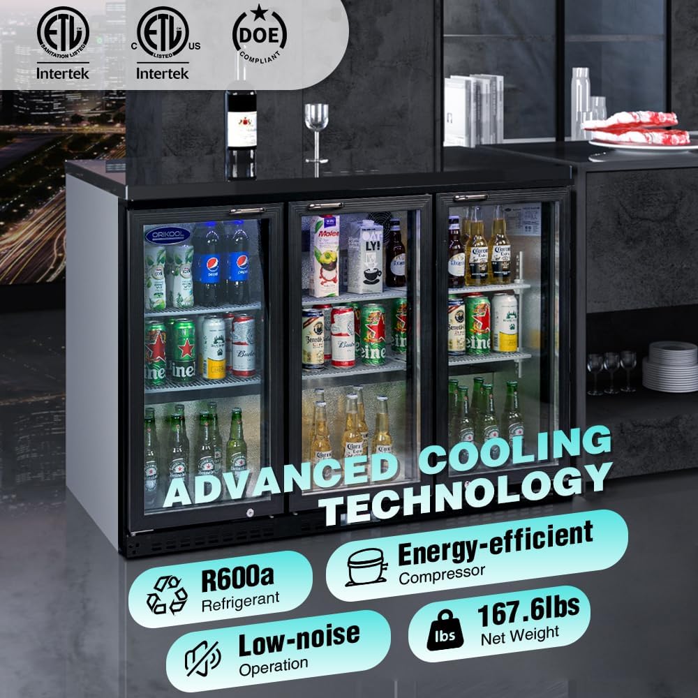 Back Bar Cooler - 480 Can Capacity Beverage Refrigerators, 3 Hinged Glass Doors, LED Lighting, Adjustable Shelves, Safety Door Lock, Perfect for Bars, Restaurants & Home