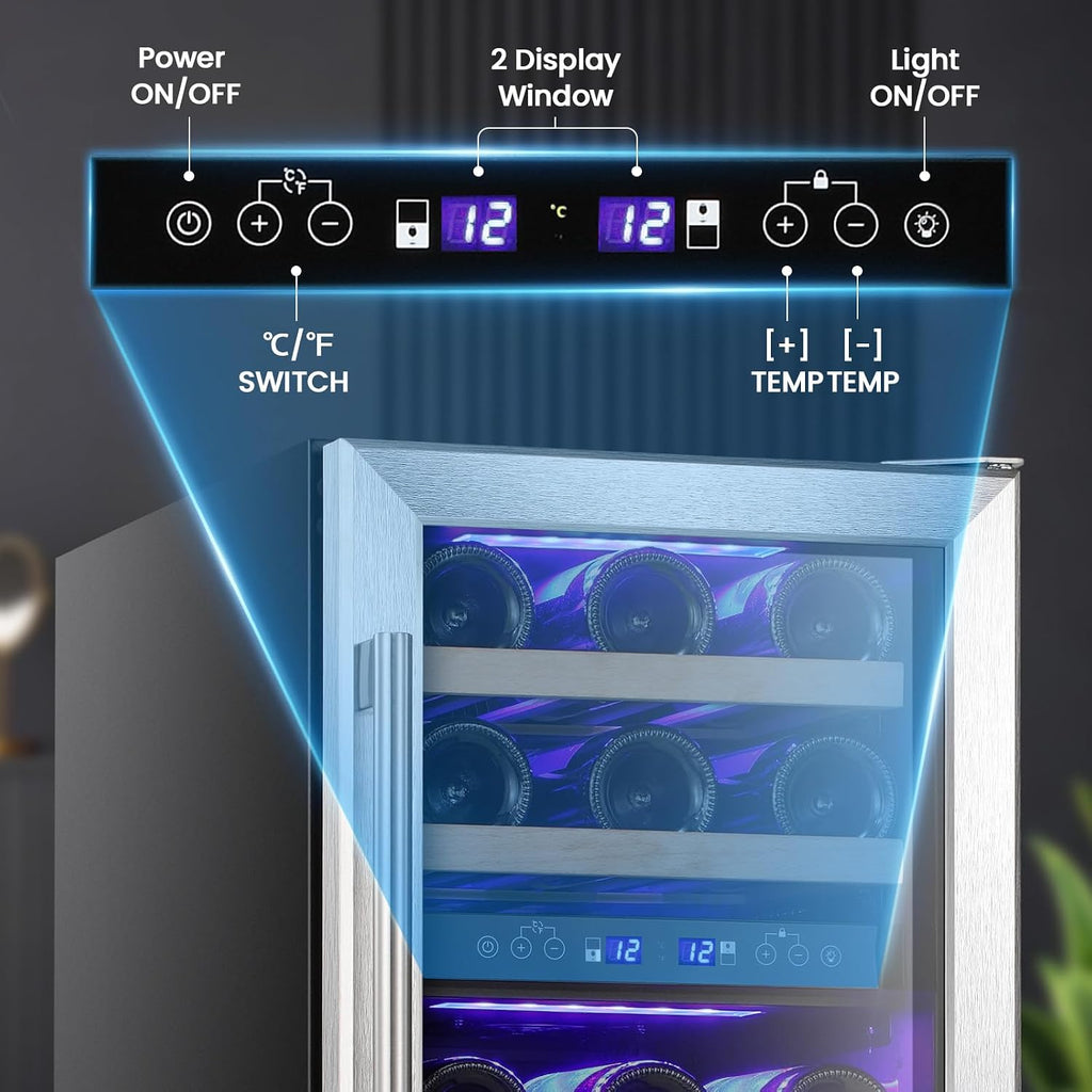 Antarctic Star Wine Fridge 15' Wine Cooler Under Counter Beverage Refrigerator Beer Mini Fridge 28 Bottles Dual Zone Built-in Freestanding Stainless Steel Double-Layer Tempered Glass Door
