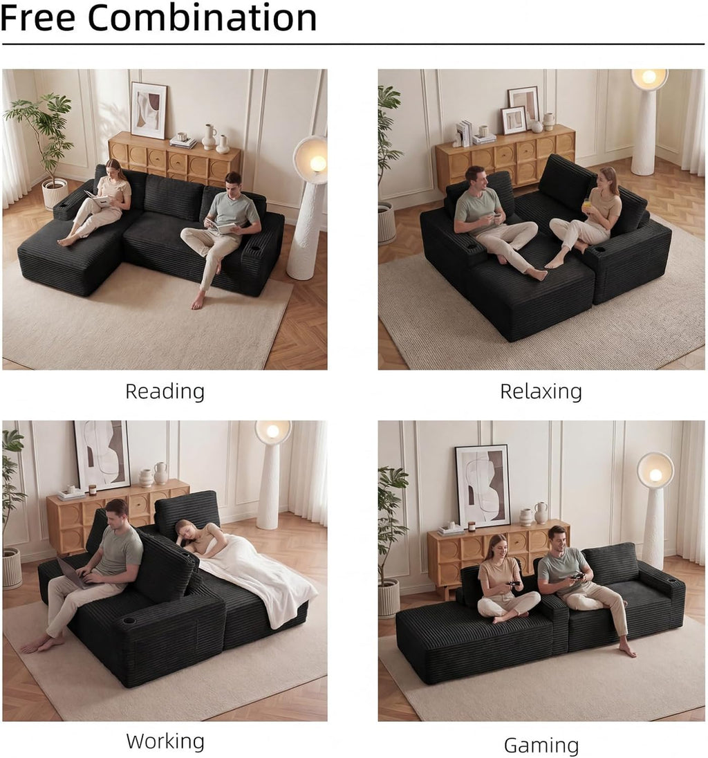 104' L Shaped Boneless Sectional Couches for Living Room, Comfy Corduroy Floor Cloud Sofa with Chaise and Cup Holder, Wide Armrest, Deep Seat, Assembly Free, Ideal for Small Spaces, Black