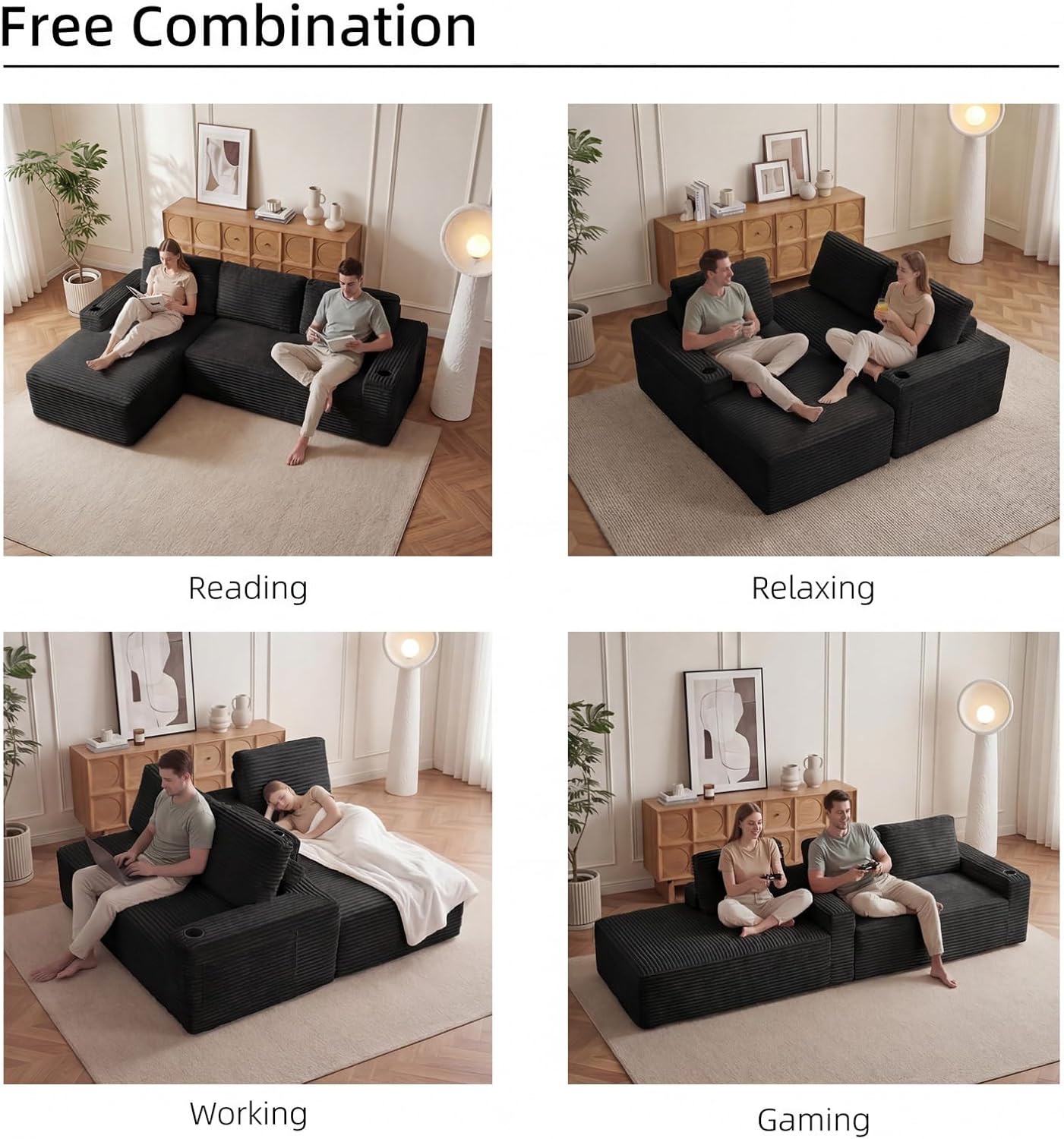 104' L Shaped Boneless Sectional Couches for Living Room, Comfy Corduroy Floor Cloud Sofa with Chaise and Cup Holder, Wide Armrest, Deep Seat, Assembly Free, Ideal for Small Spaces, Black