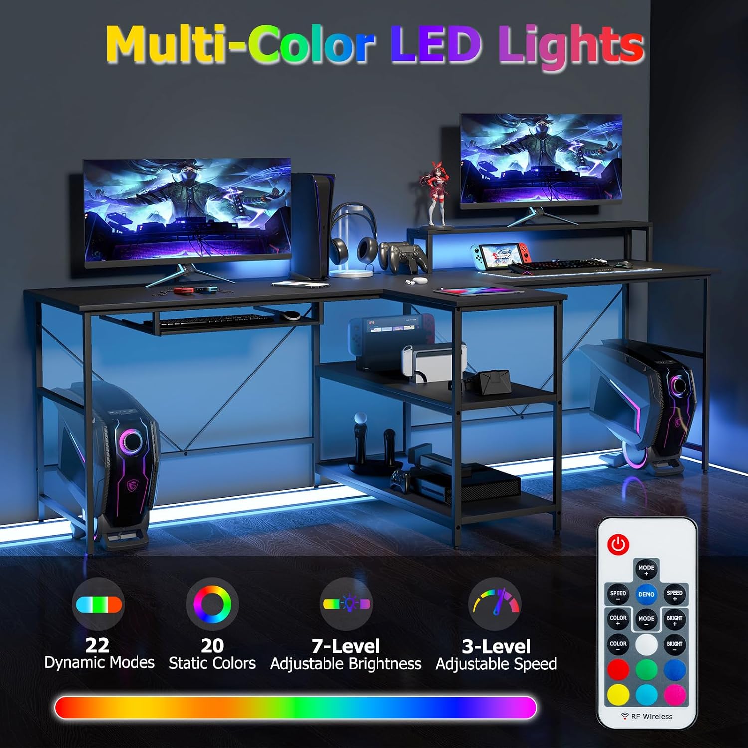 Giantex 94.5' 2 Person Desk with LED Lights, Long PC Study Desk with Storage Shelves, Power Outlets, Keyboard Tray & Monitor Stand, Double Computer Desk Workstation for Home Office (Black)