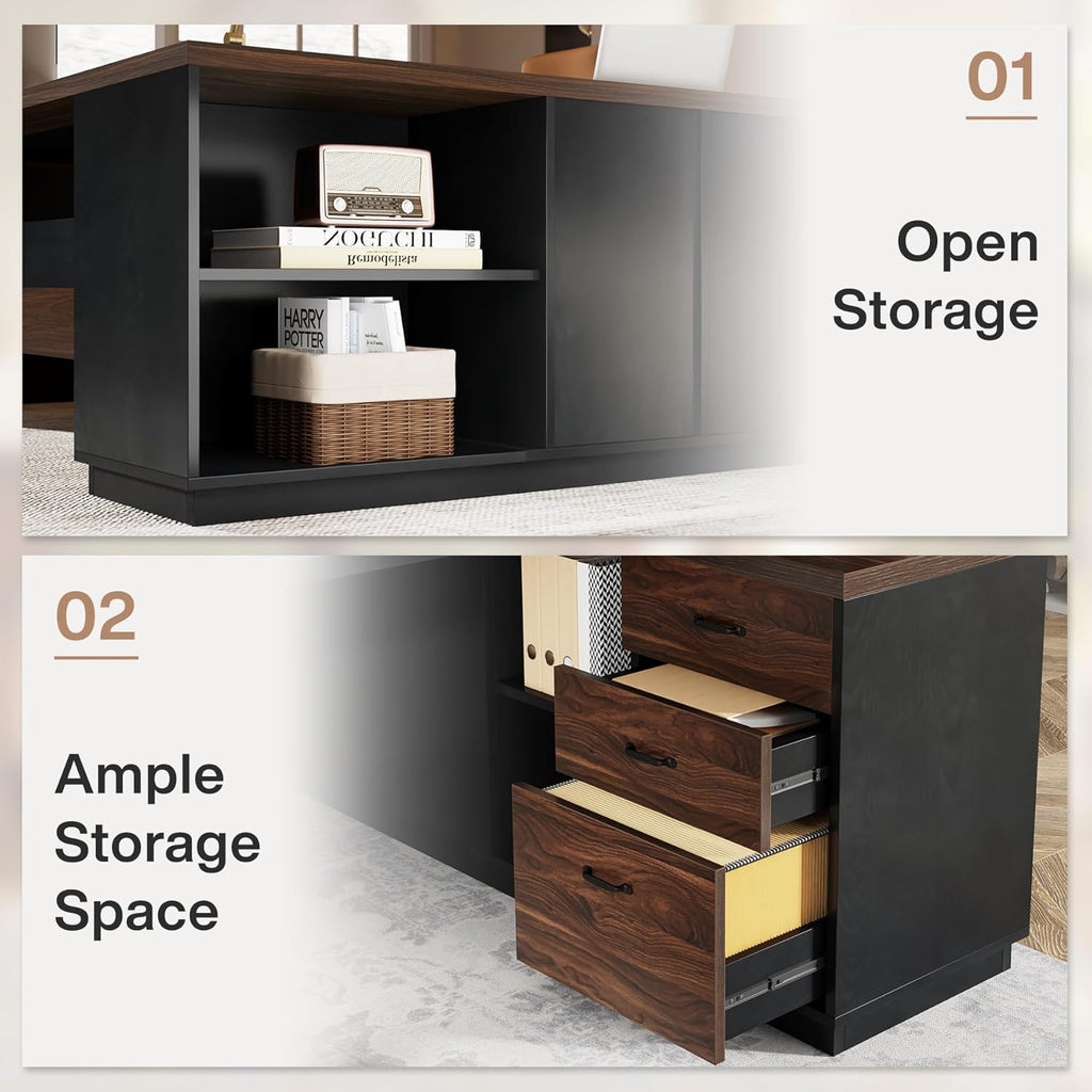 Tribesigns L-Shaped Executive Desk, 78-Inch Large Office Desk with Drawers and Lateral File Cabinet, Modern Business Furniture with Storage Shelves, Workstation for Home Office (Walnut + Black)