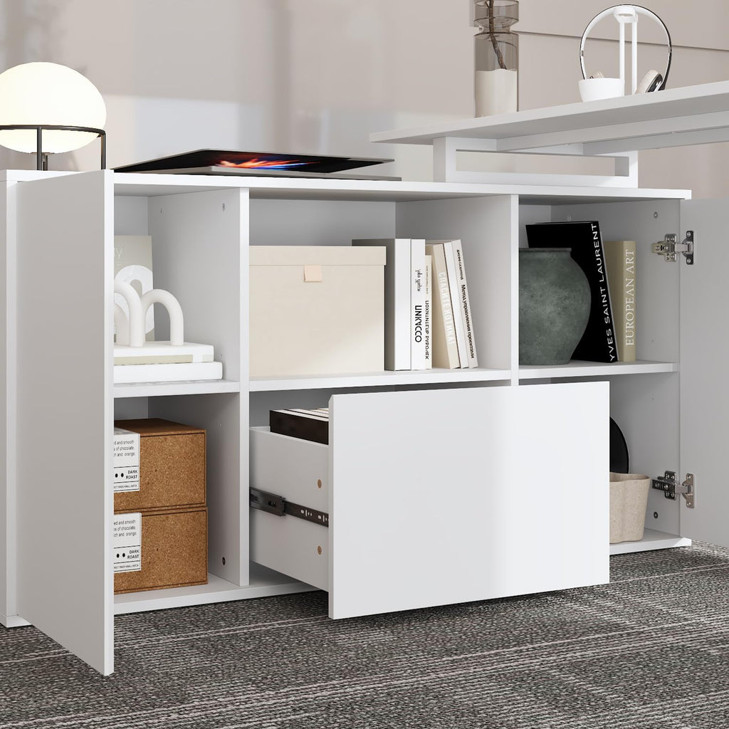 63' W Height Adjustable Standing Desk with Drawers & Cabinet, Electric Stand up Desk with Storage, C Shaped Home Office Table Corner Computer Workstation, White (28.1'-46.6' H)