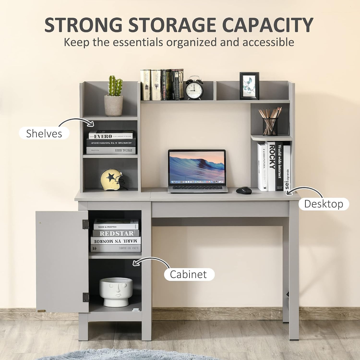 HOMCOM 47 Inch Farmhouse Computer Desk with Hutch and Cabinet, Home Office Desk with Storage, for Study, Light Gray