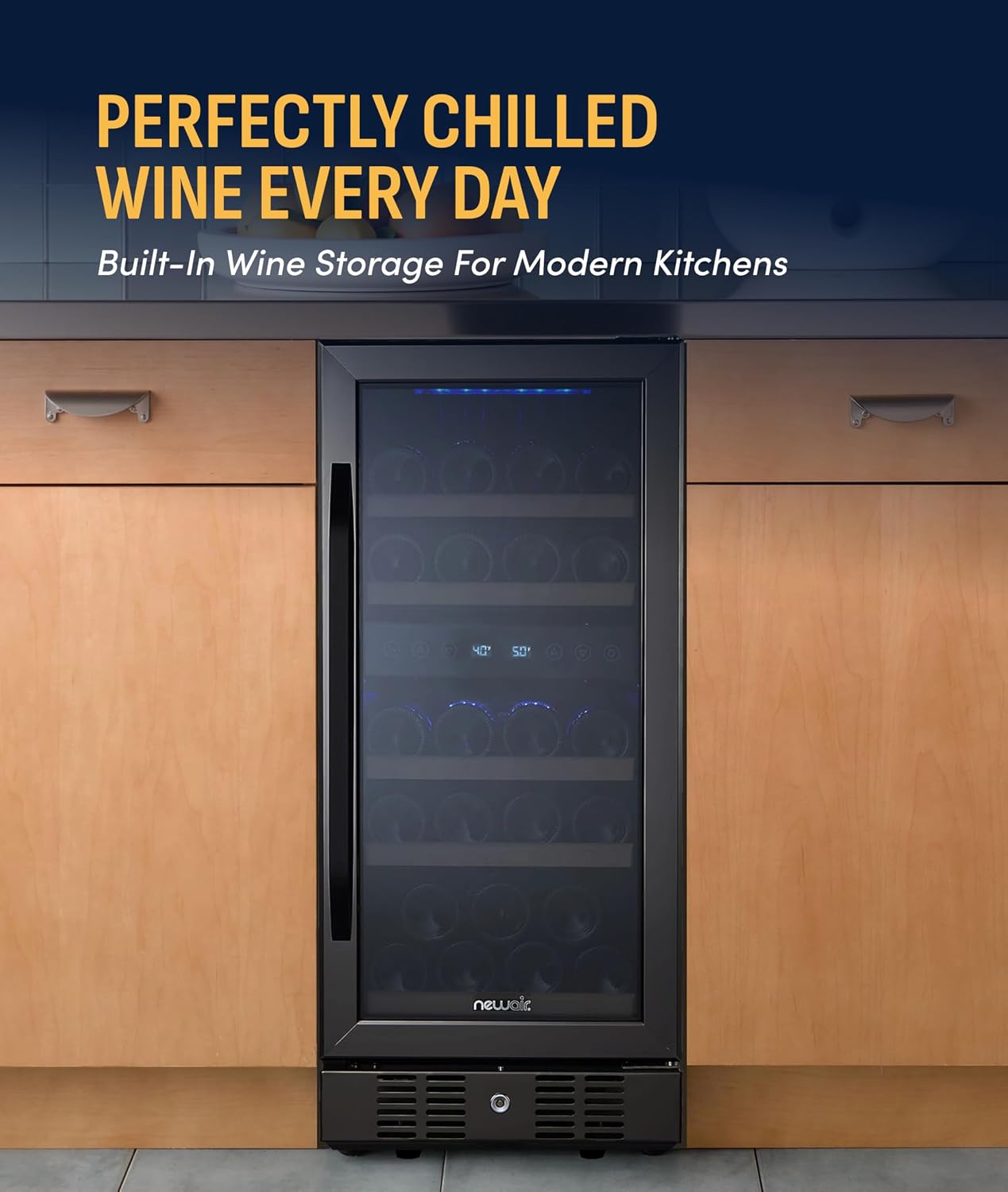 NewAir 15' Dual Zone Wine Fridge for 29 Bottles | Built-In or Freestanding Wine Cooler Refrigerator with Glass Door | Precision Cooling & Wood Shelves for Red and White Wines | Black Stainless Steel