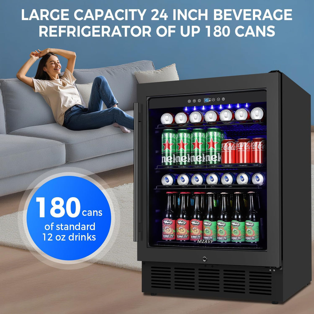 24 Inch Beverage Refrigerator Built-in Under Counter, 180 Cans Large Capacity Drink Fridge with Glass Door, 38dB Whisper Quiet Beer Cooler for Home Bar Office, Front Venting&Temperature Memory, Black