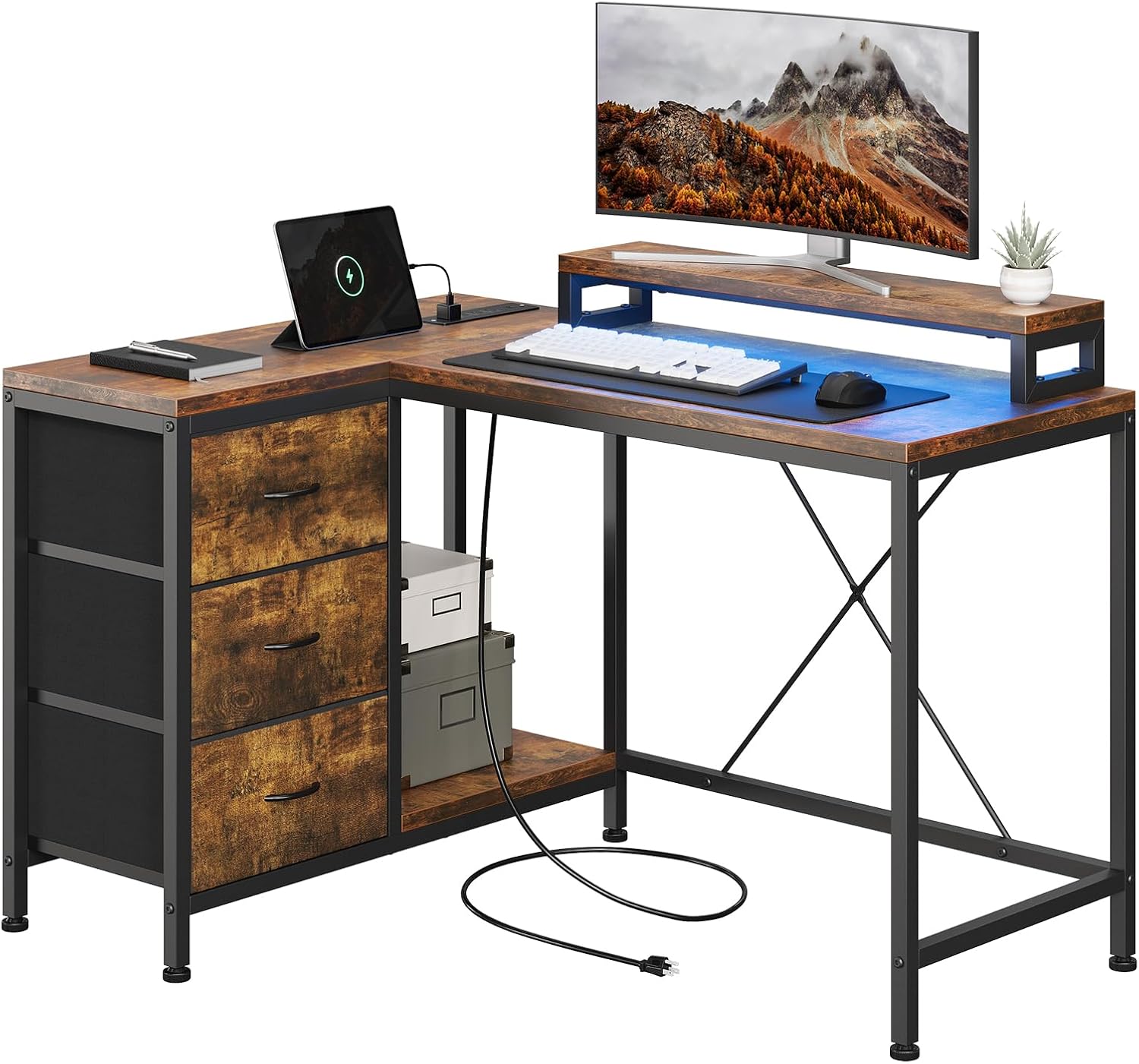 L Shaped Office Desk with Power Outlets, Computer Desk with Drawers, Shelves, for Gaming, Corner Work, Home Office, Study