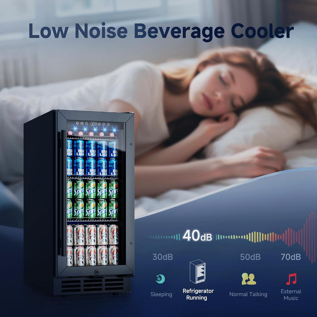 15 Inch Beverage Fridge, 132-Can Capacity Under Counter Refrigerator with Blue LED Display, Beverage Refrigerator with Glass Door & Adjustable Shelves for Home, Bar, Office (Black)