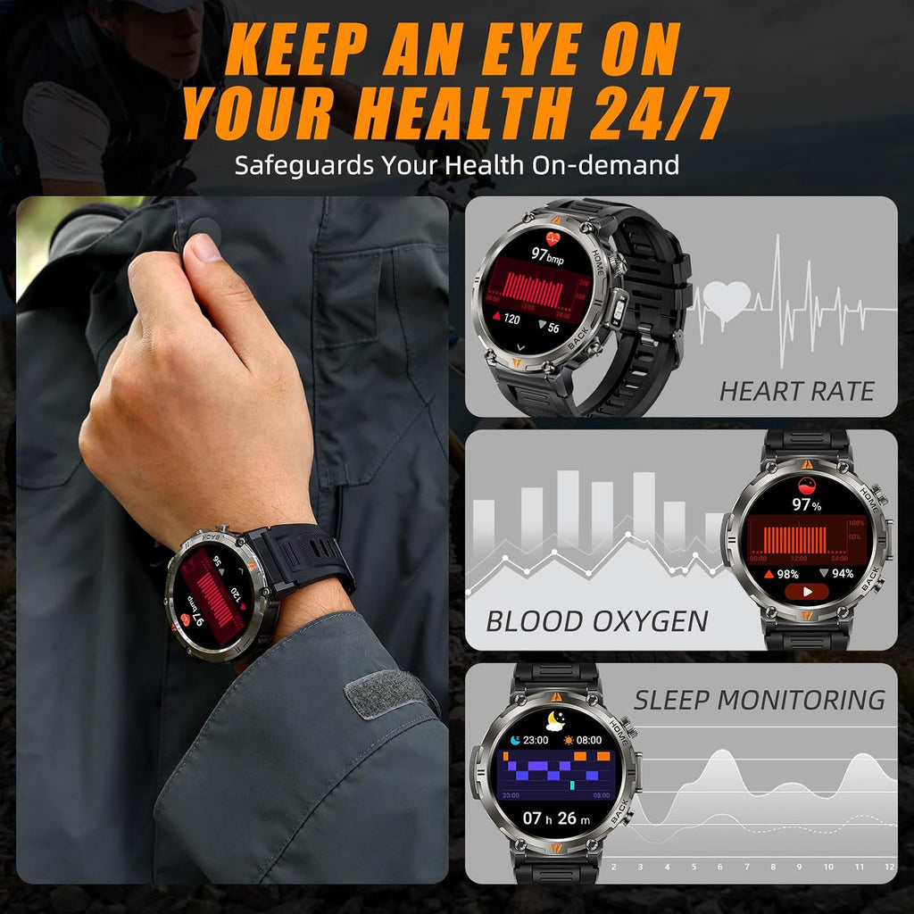 Military Smart Watches for Men Built-in GPS with LED Flashlight Compass, 3ATM Waterproof Rugged Tactical Smartwatch with Text and Call, 1.45' HD Fitness Tracker with HR SPO2 Monitor for iPhone Android