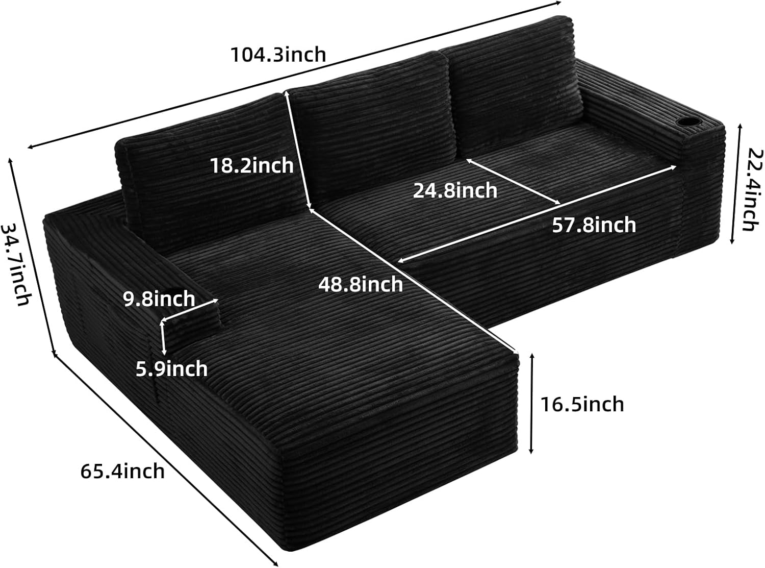 104' L Shaped Boneless Sectional Couches for Living Room, Comfy Corduroy Floor Cloud Sofa with Chaise and Cup Holder, Wide Armrest, Deep Seat, Assembly Free, Ideal for Small Spaces, Black