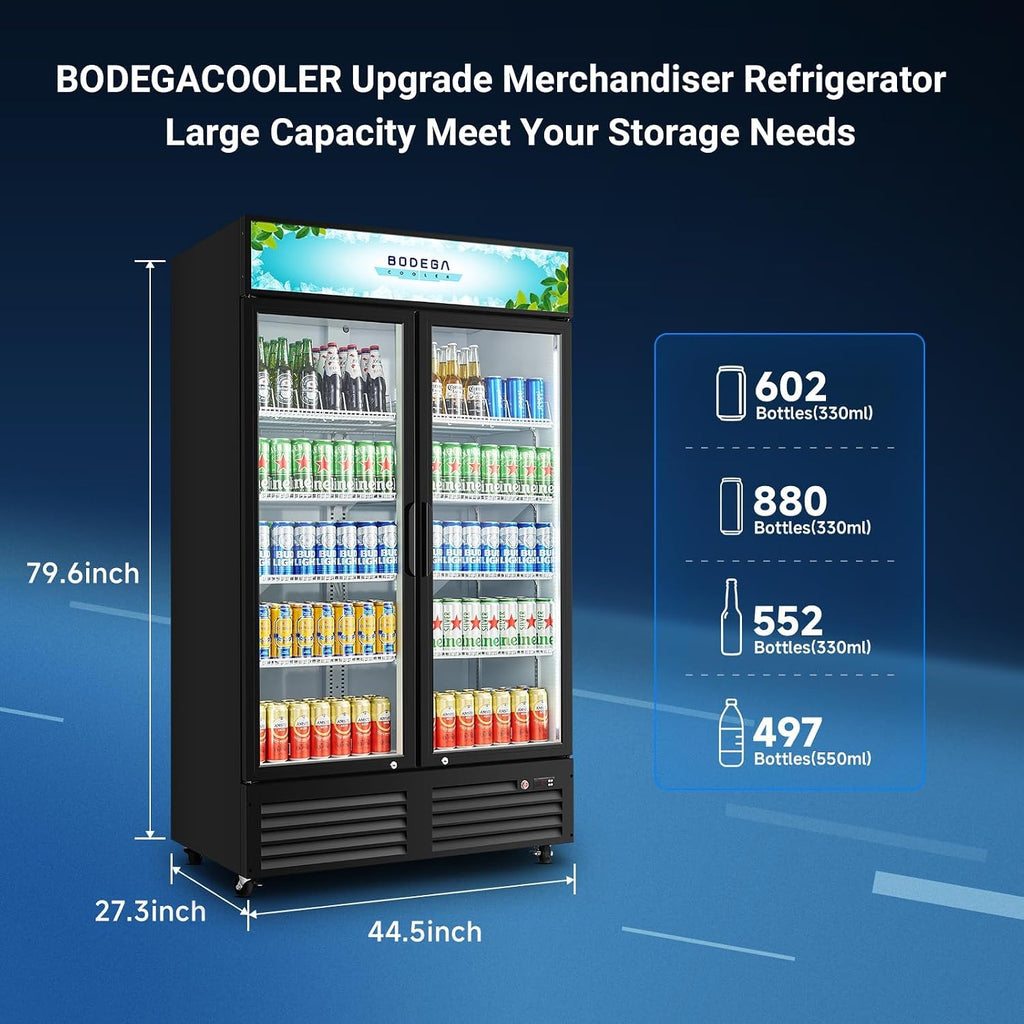 BODEGACOOLER Commercial Merchandiser Refrigerator,2 Glass Door Commercial Beverage Refrigerator, Beverage Display Cooler with Soft LED Light, Adjustable Shelves and 4 Strong Castors, 35.4 Cu. Ft,Black