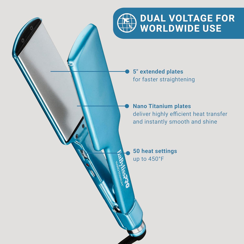 BabylissPRO Nano Titanium Ultra-Thin Hair Straightener, Professional Flat Iron, 5-Inch Extended Plates for Faster Straightening, for All Hair Types
