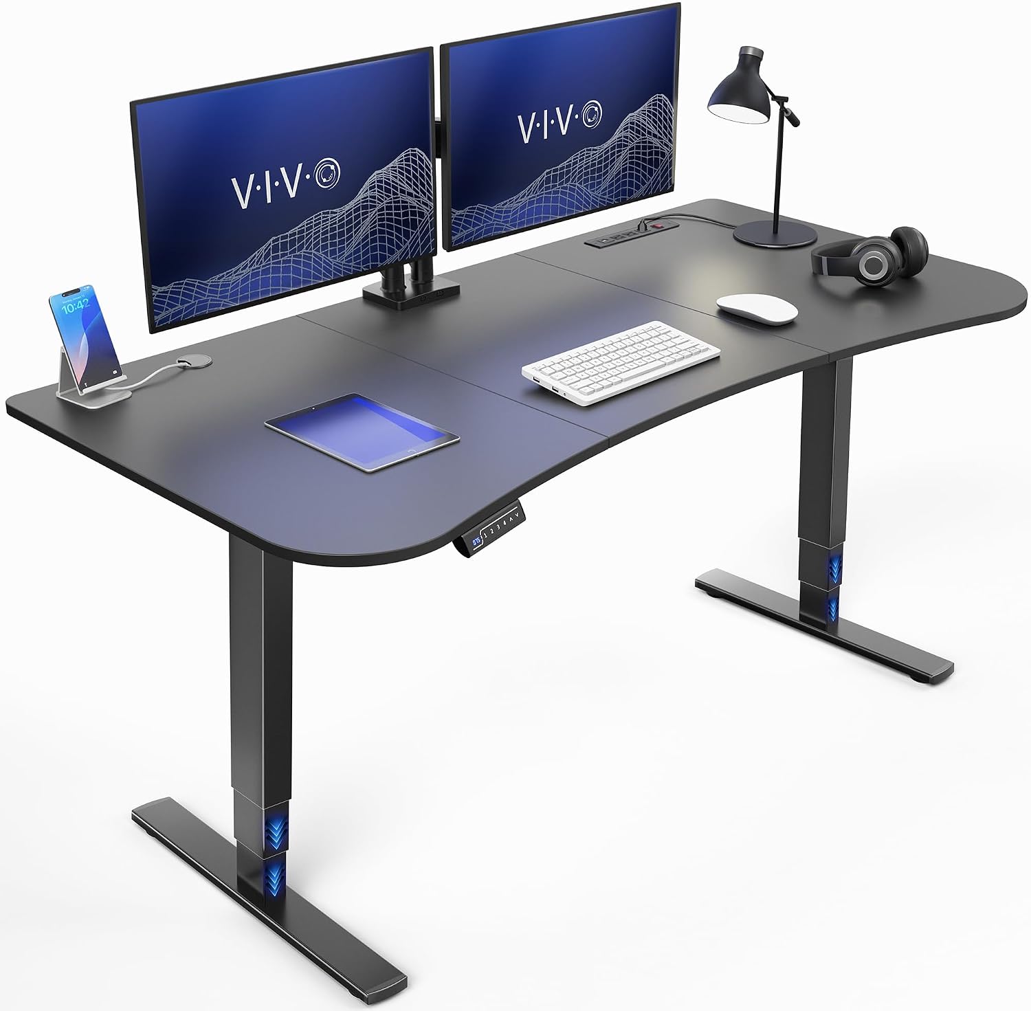 VIVO Electric 63 x 32 in Standing Desk with Built-in Power Strip, Touch Screen Adjustment, 220 lb Frame Support, 2E Series, Black Top Black Frame, DESK-KIT-2EBAC