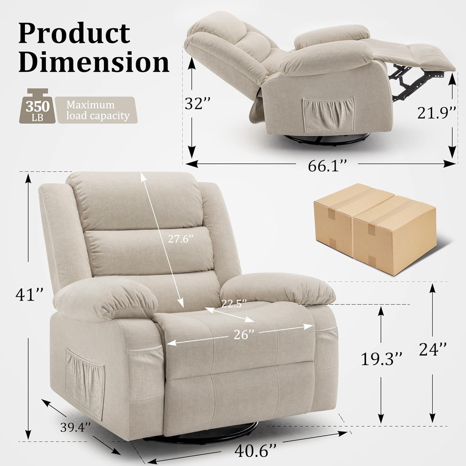 Korser Recliner Chair for Adults, Oversized 360° Swivel Rocker Recliner with Massage and Heat, Wide Nursery Glider Rocking Chair with Side Pockets, Cashmere Reclining Sofa for Living Room (Beige)