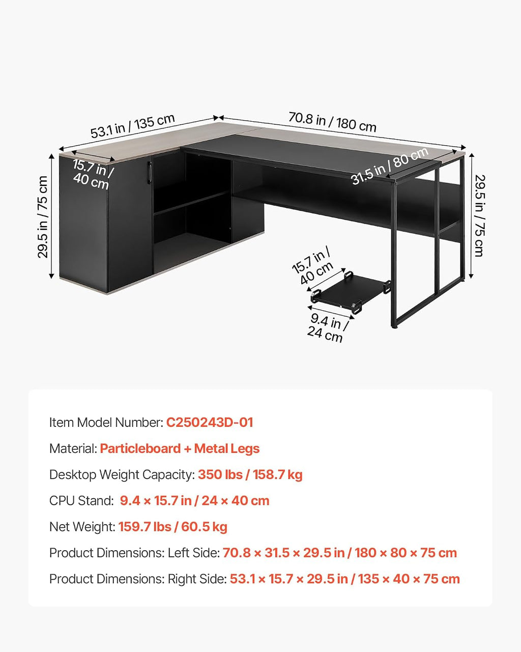 VEVOR 71' L-Shaped Executive Desk, Large Computer Desk with Drawers, File Storage Cabinet, CPU Stand, 350 LBS Load Capacity Corner Table, Easy Assembly, for Work Study