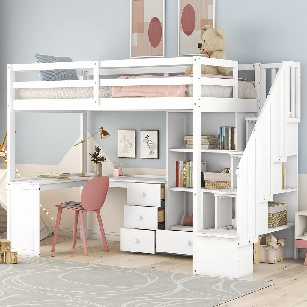 MERITLINE Twin Size Loft Bed with L-Shaped Desk,Storage Staircase,and Guardrails,Wood High Loft Bed with Storage Bookcase and 4 Drawers,for Adults, No Box Spring Needed (White)