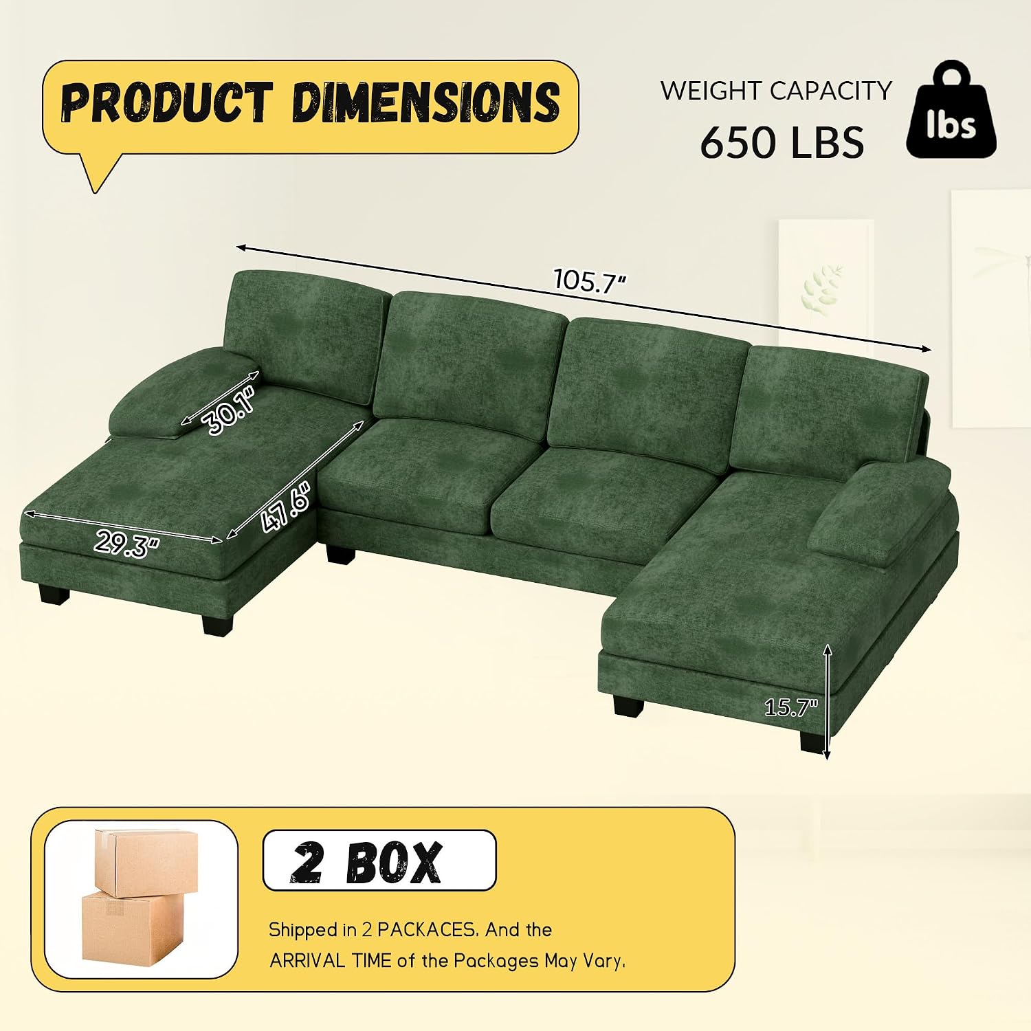 JUMMICO Sectional Couches for Living Room, U Shaped Couch with Chenille Fabric, 4 Seat Modern Sofa with Removable Pillows for Apartment and Small Space (Fabric, Green)