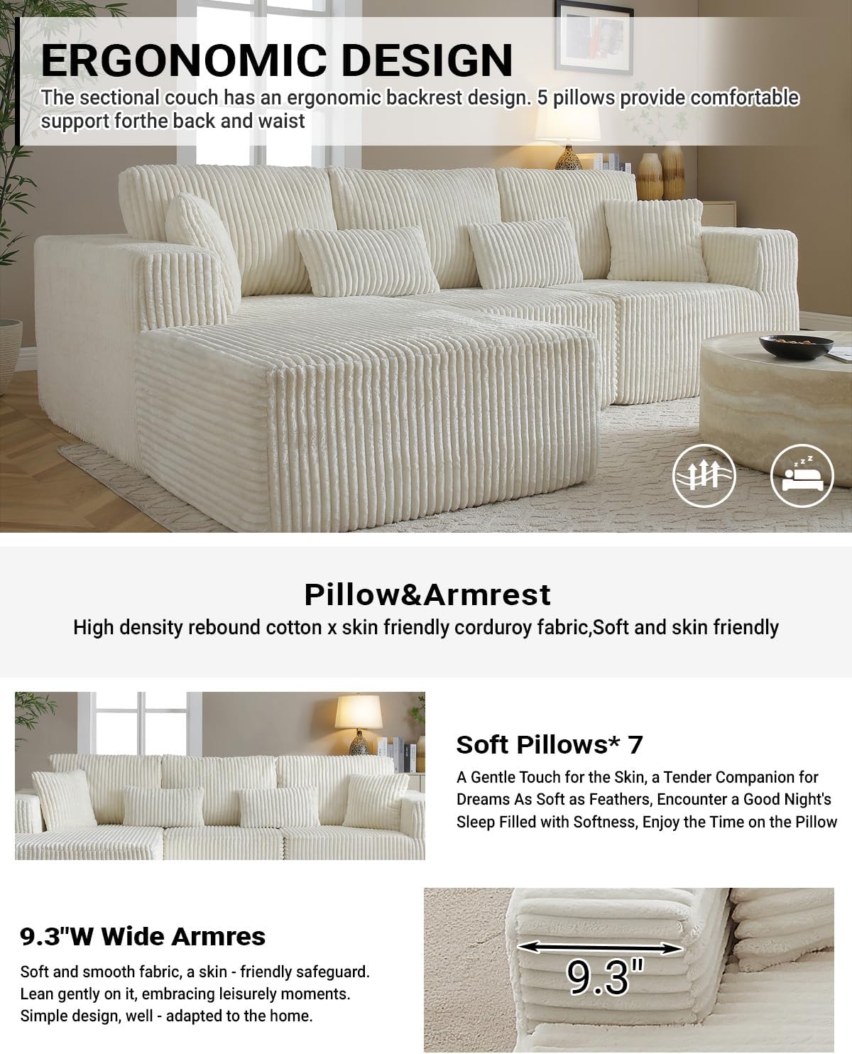 110' Cloud Sectional Couch, Modular Sectional Sofa with Deep Seat, Corduroy Upholstered Boneless Couch for Living Room Bedroom, Left Facing Chaise (Beige, 110' Right Facing Chaise)