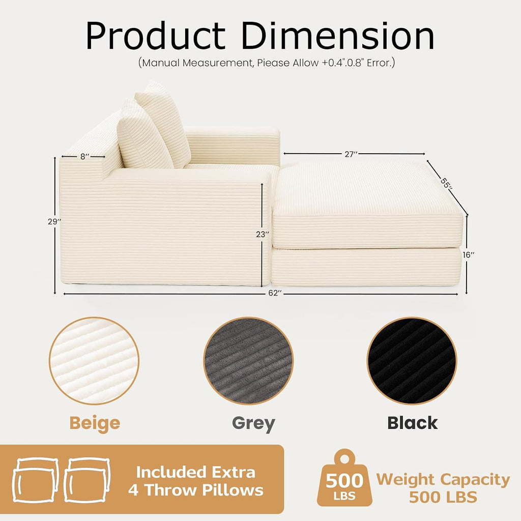 Convertible Futon Sofa Bed with Ottoman, 5 in 1 Folding Couch Bed Loveseat Sleeper, Corduroy Boneless Couch with Deep Seat for Living Room Chaise Lounge Chair Indoor, No Assembly Required, Beige