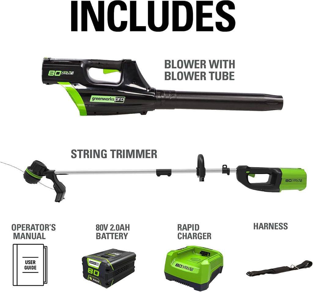 Greenworks 80V Brushless Cordless Yard Tool Combo Kit with 2.0Ah Battery & Rapid Charger – 16' Dual-Line String Trimmer and 500 CFM / 125 MPH Leaf Blower, Variable Speed, 4-Year Warranty