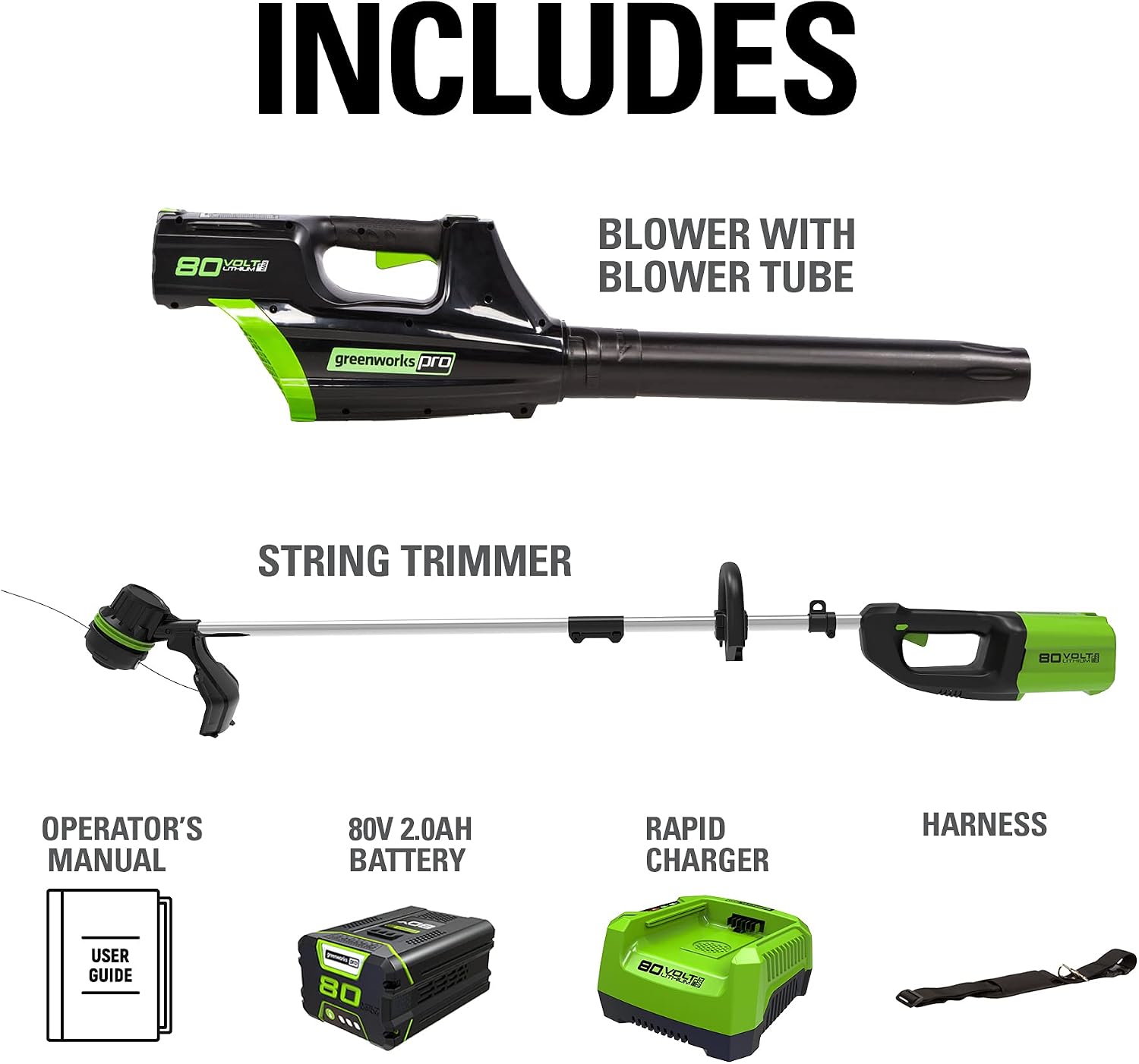 Greenworks 80V Brushless Cordless Yard Tool Combo Kit with 2.0Ah Battery & Rapid Charger – 16' Dual-Line String Trimmer and 500 CFM / 125 MPH Leaf Blower, Variable Speed, 4-Year Warranty