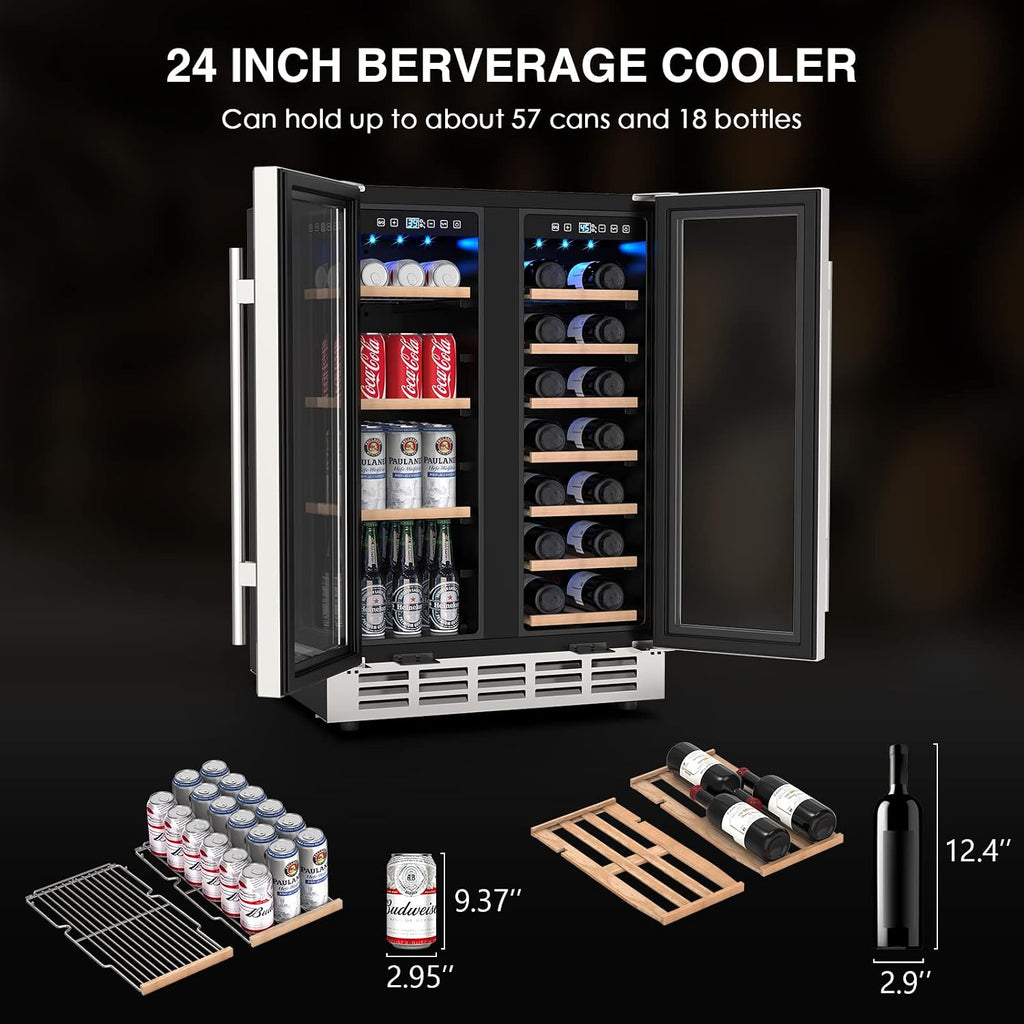 Mojgar Wine and Beverage Refrigerator, 24 Inch Dual Zone Wine Fridge with Two Safety Locks, Under Counter Wine Cooler Fridge Built-In or Freestanding, Holds 20 Bottles and 57 Cans (Double Glass Door)