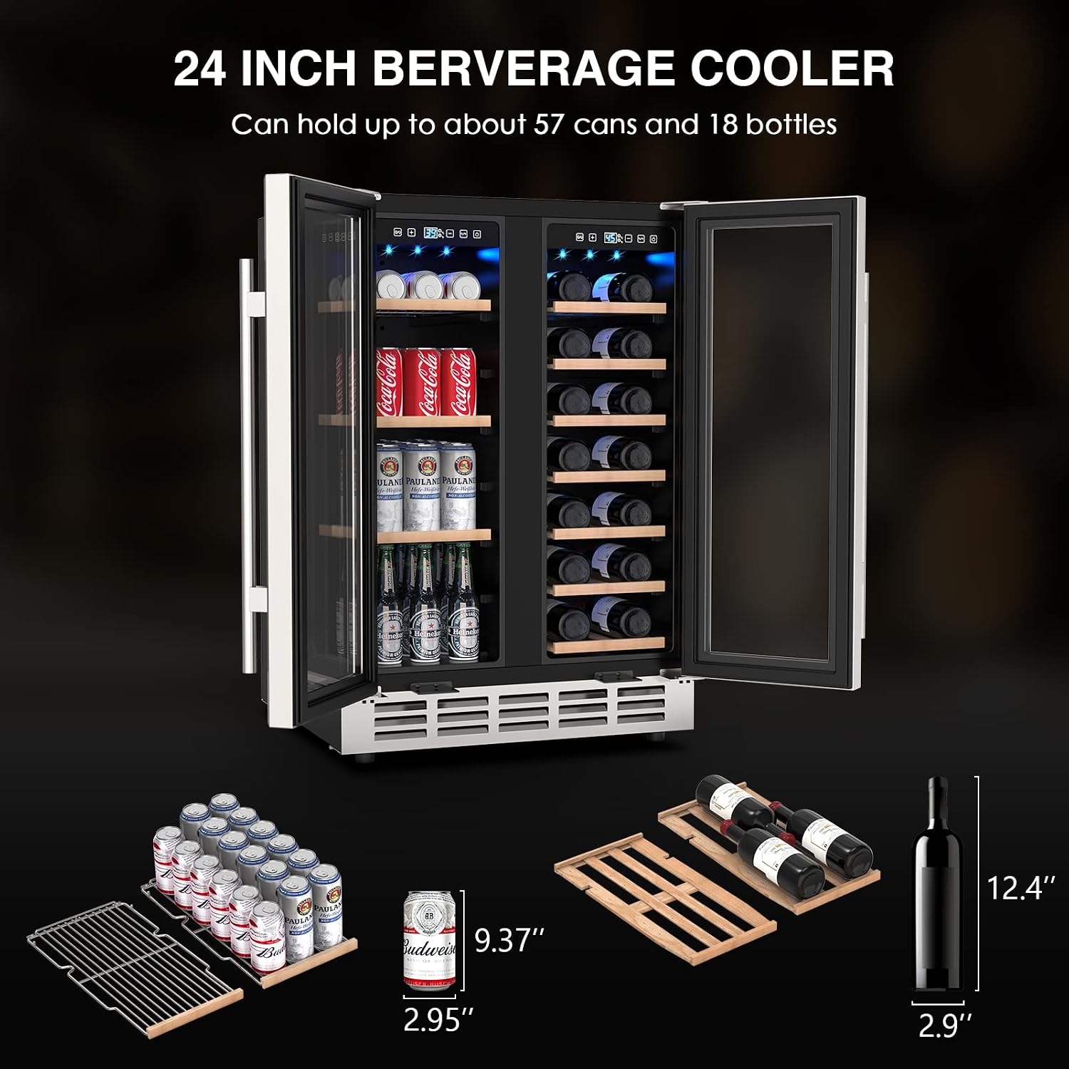Mojgar Wine and Beverage Refrigerator, 24 Inch Dual Zone Wine Fridge with Two Safety Locks, Under Counter Wine Cooler Fridge Built-In or Freestanding, Holds 20 Bottles and 57 Cans (Double Glass Door)