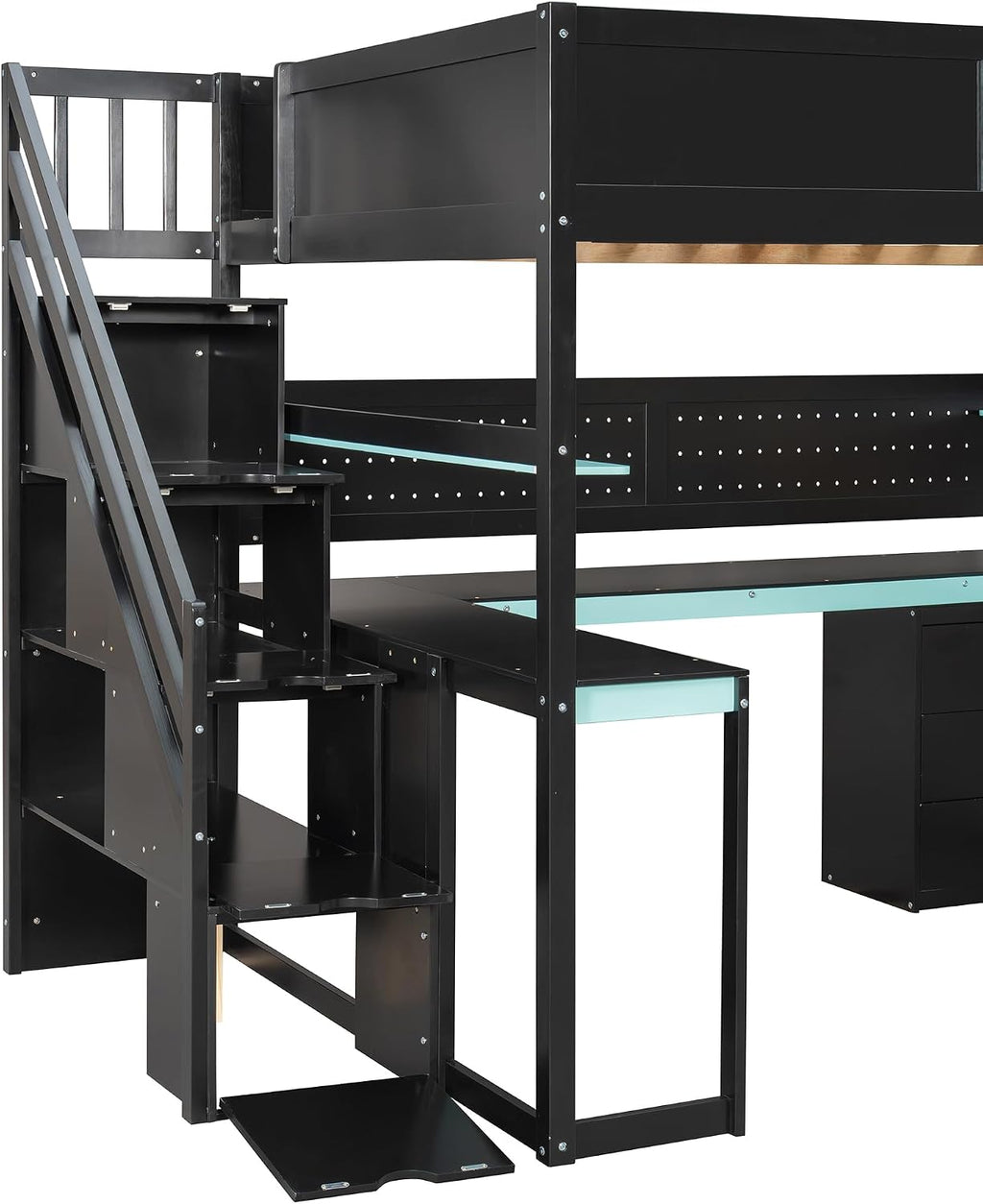 VilroCaz Modern Full Size Gaming Loft Bed with Built-in Desk, Shelves & Pegboard, Wood Loft Bed Frame with Storage Stairs for Kids Teens Adults, Maximize Space Saving (Black+Blue-S, Full)