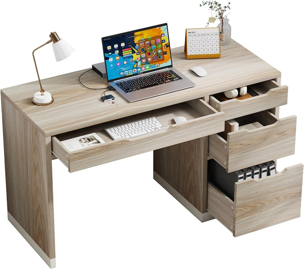 MaverickFurni 48 Inch Small Desk with Drawers, Computer Desk with Storage File Drawer for Bedroom, Office Desk with Storage for Small Space, Light Walnut